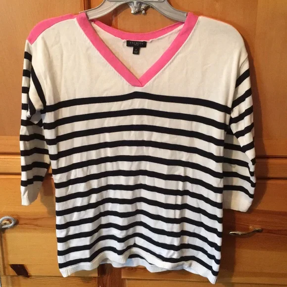 Talbots V-Neck Striped 3/4 Sleeve Sweater Small Petite - Picture 2 of 4